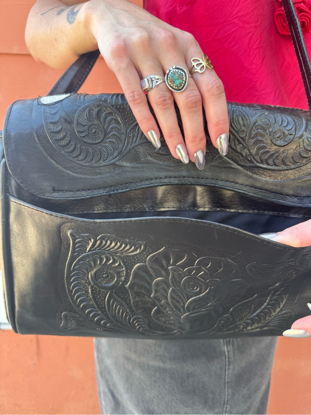 Vintage Mexico Black Tooled Leather Cowhide Western Shoulder Bag - Picture 6 of 11